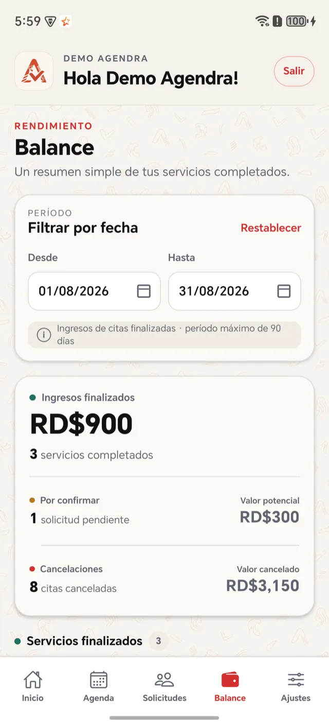 Balance de ingresos en Agendra Pro